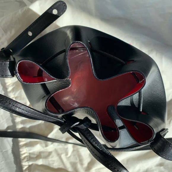 Authentic Mansur Gavriel Mini Bucket Bag in Black Flamme, Black + Red Leather - Picture 4 of 9